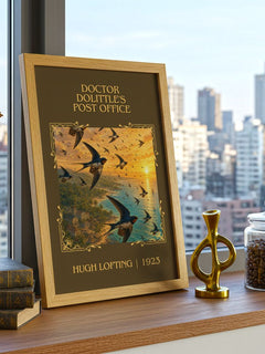 Doctor Dolittle's Post Office Classic Book Art Print by Hugh Lofting – framed print on a city-view windowsill