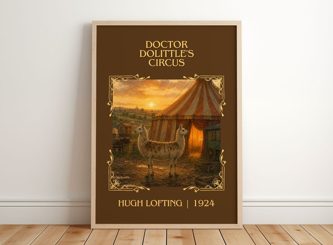 Doctor Dolittle's Circus Classic Book Art Print by Hugh Lofting – framed print leaning on a wooden floor