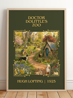 Doctor Dolittle's Zoo Classic Book Art Print by Hugh Lofting – framed print leaning on a wooden floor