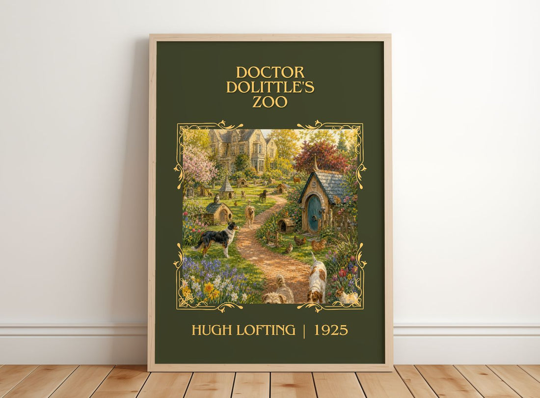 Doctor Dolittle's Zoo Classic Book Art Print by Hugh Lofting – framed print leaning on a wooden floor