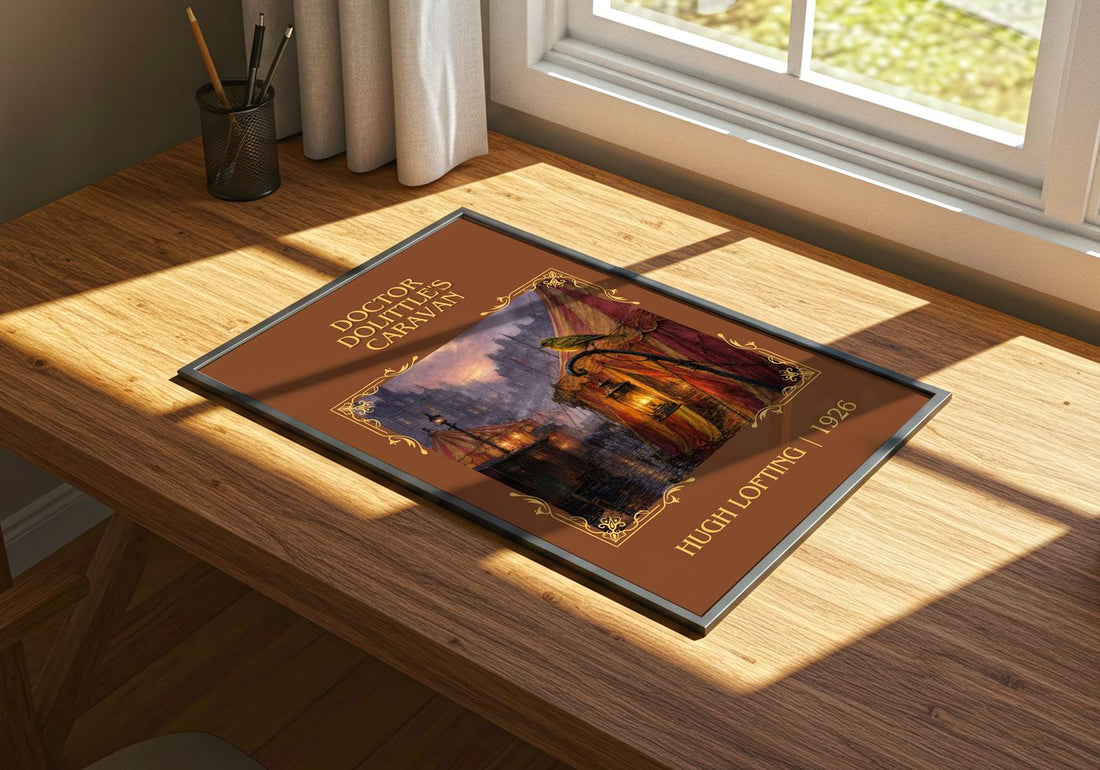 Doctor Dolittle's Caravan Classic Book Art Print by Hugh Lofting – print on a sunlit desk