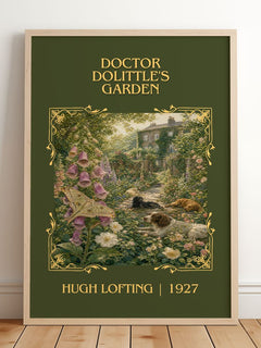 Doctor Dolittle's Garden Classic Book Art Print by Hugh Lofting – framed print leaning on a wooden floor