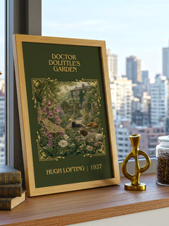 Doctor Dolittle's Garden Classic Book Art Print by Hugh Lofting – framed print on a city-view windowsill