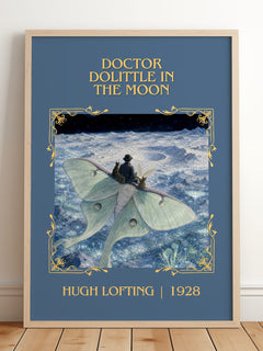 Doctor Dolittle In The Moon Classic Book Art Print by Hugh Lofting – framed print leaning on a wooden floor