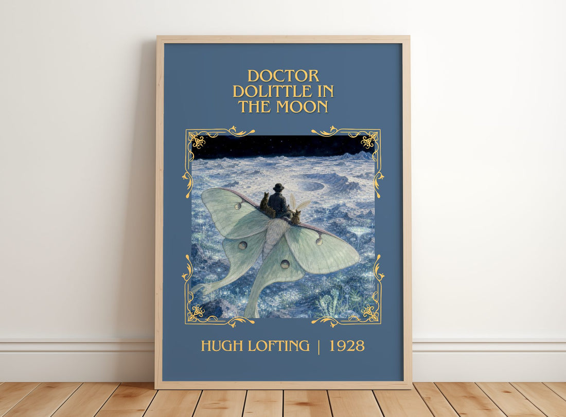 Doctor Dolittle In The Moon Classic Book Art Print by Hugh Lofting – framed print leaning on a wooden floor