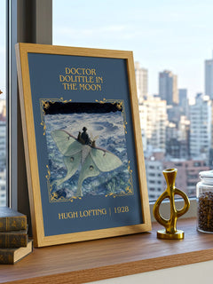 Doctor Dolittle In The Moon Classic Book Art Print by Hugh Lofting – framed print on a city-view windowsill