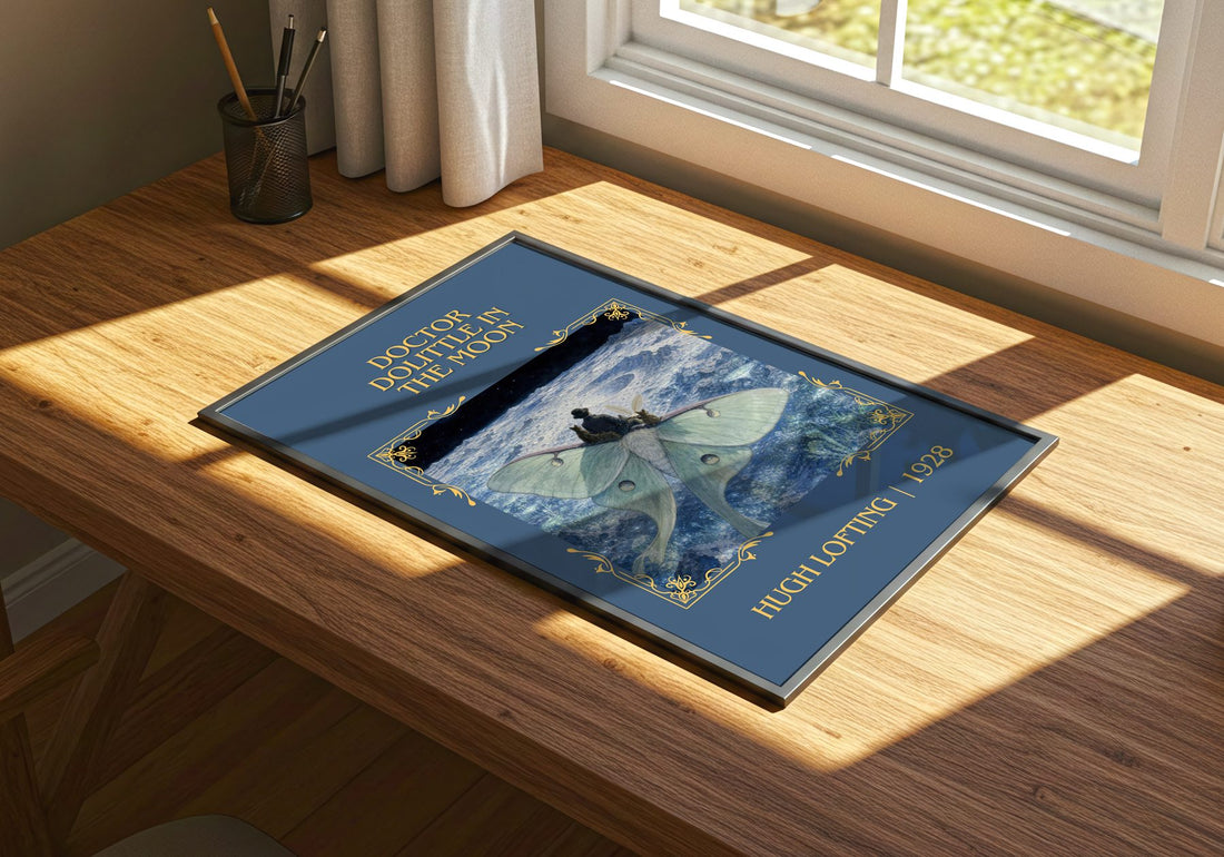 Doctor Dolittle In The Moon Classic Book Art Print by Hugh Lofting – print on a sunlit desk