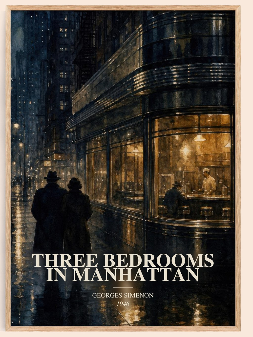 Three Bedrooms In Manhattan watercolour book poster by Georges Simenon – framed literary art print