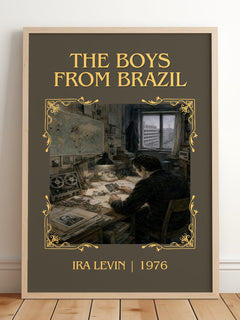 The Boys From Brazil Classic Book Art Print by Ira Levin – framed print leaning on a wooden floor