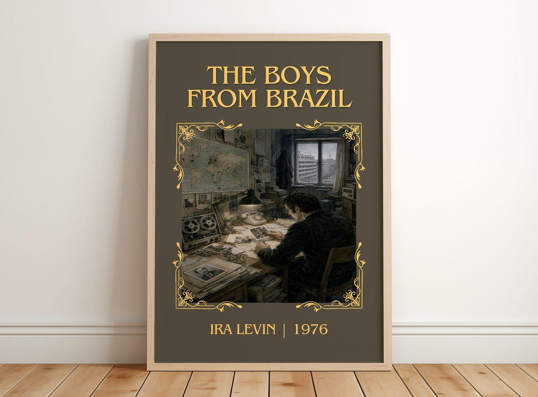 The Boys From Brazil Classic Book Art Print by Ira Levin – framed print leaning on a wooden floor