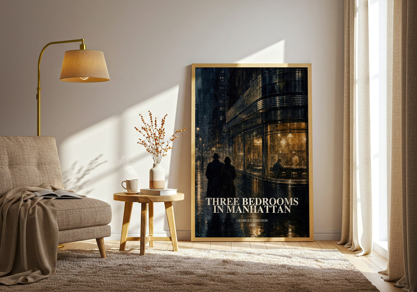 Three Bedrooms In Manhattan watercolour print in frame leaning in hallway – literary fiction wall art