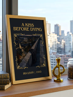 A Kiss Before Dying Classic Book Art Print by Ira Levin – framed print on a city-view windowsill