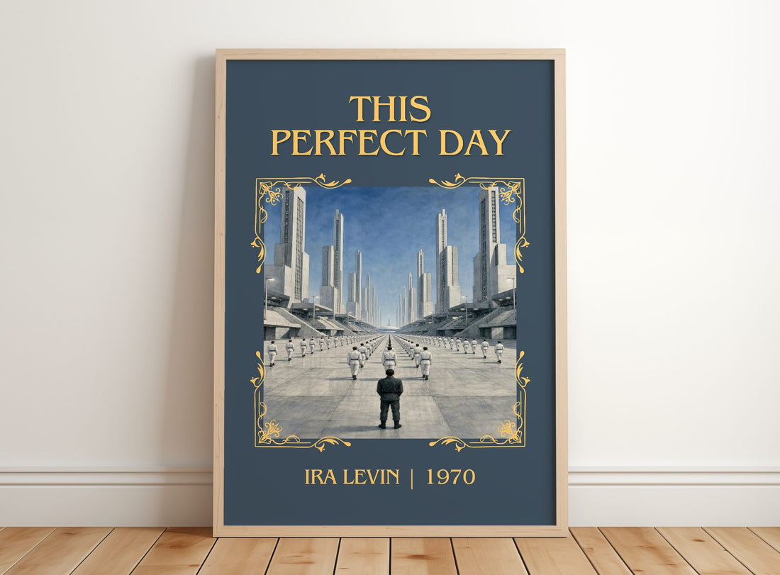 This Perfect Day Classic Book Art Print by Ira Levin – framed print leaning on a wooden floor