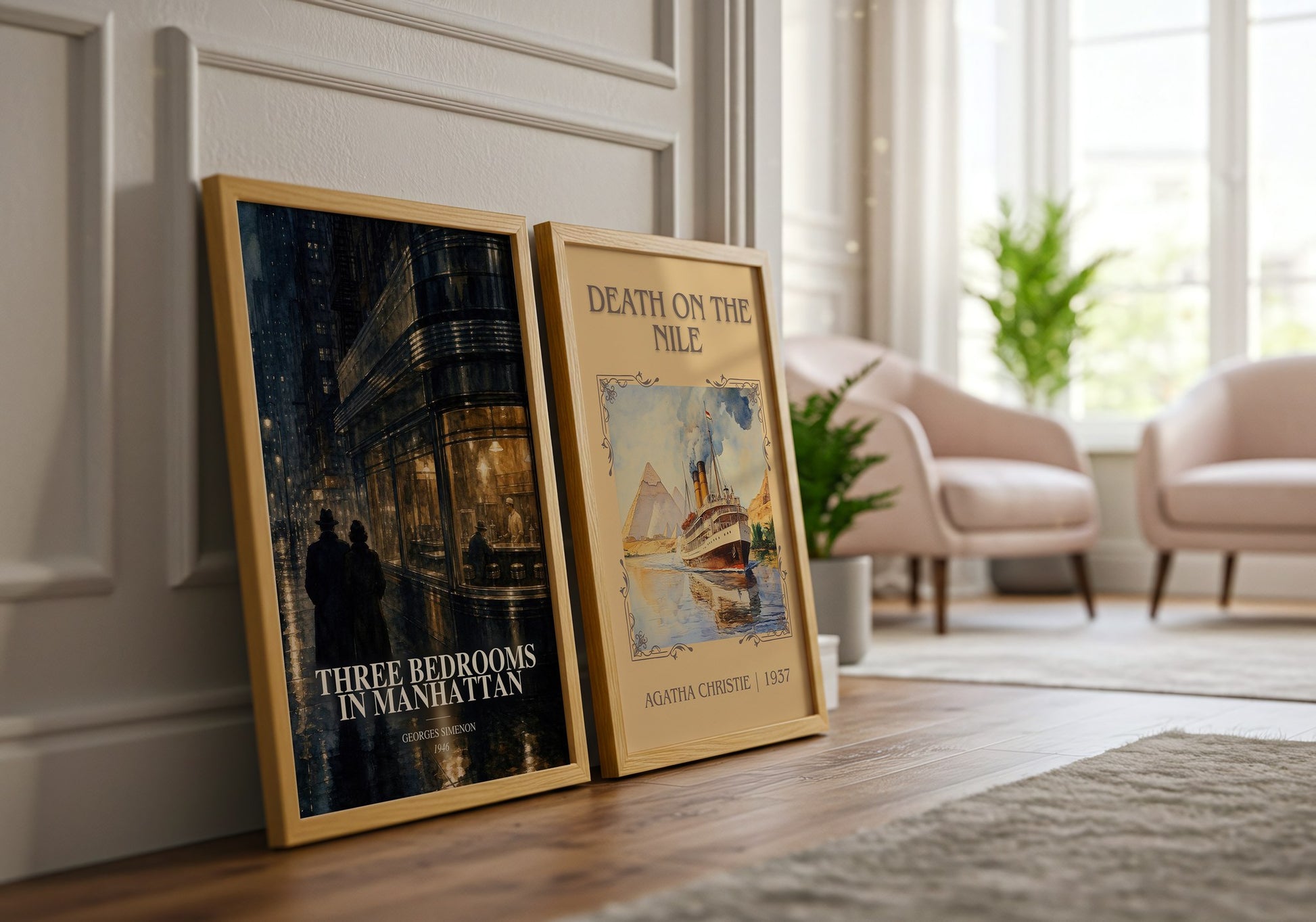 Three Bedrooms In Manhattan watercolour print framed by window – literary home decor