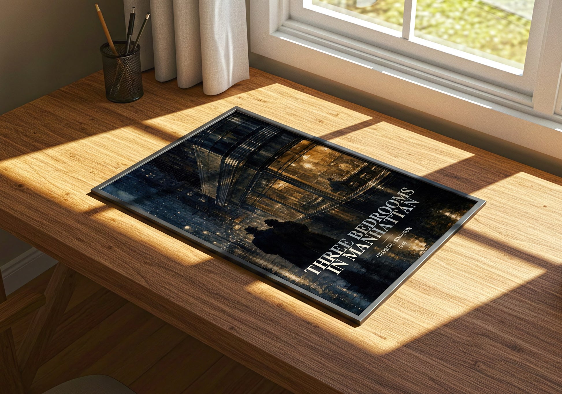 Three Bedrooms In Manhattan watercolour book poster framed on wall – literary fiction wall art