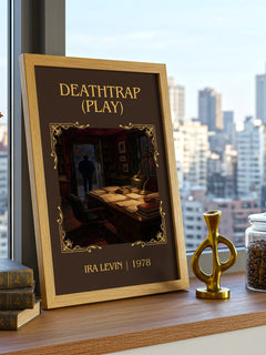 Deathtrap (Play) Classic Book Art Print by Ira Levin – framed print on a city-view windowsill