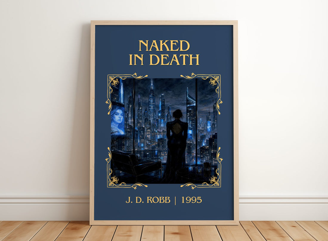 Naked In Death Classic Book Art Print by J. D. Robb – framed print leaning on a wooden floor