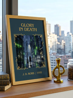 Glory In Death Classic Book Art Print by J. D. Robb – framed print on a city-view windowsill