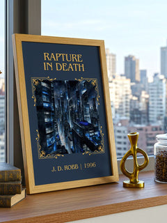 Rapture In Death Classic Book Art Print by J. D. Robb – framed print on a city-view windowsill