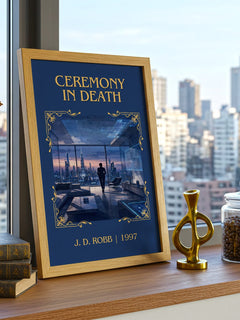 Ceremony In Death Classic Book Art Print by J. D. Robb – framed print on a city-view windowsill