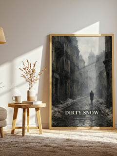 Dirty Snow watercolour print in frame leaning in hallway – literary fiction wall art
