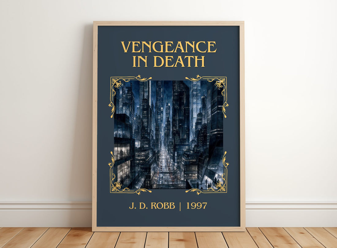 Vengeance In Death Classic Book Art Print by J. D. Robb – framed print leaning on a wooden floor