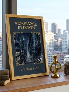 Vengeance In Death Classic Book Art Print by J. D. Robb – framed print on a city-view windowsill