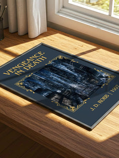 Vengeance In Death Classic Book Art Print by J. D. Robb – print on a sunlit desk
