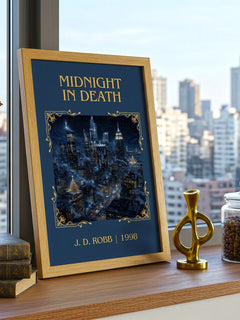 Midnight In Death Classic Book Art Print by J. D. Robb – framed print on a city-view windowsill