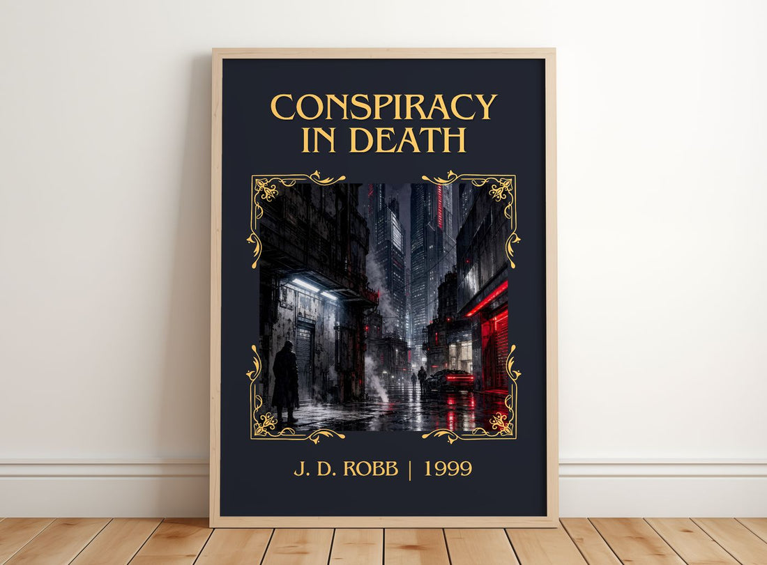 Conspiracy In Death Classic Book Art Print by J. D. Robb – framed print leaning on a wooden floor