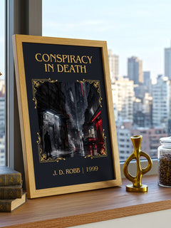Conspiracy In Death Classic Book Art Print by J. D. Robb – framed print on a city-view windowsill