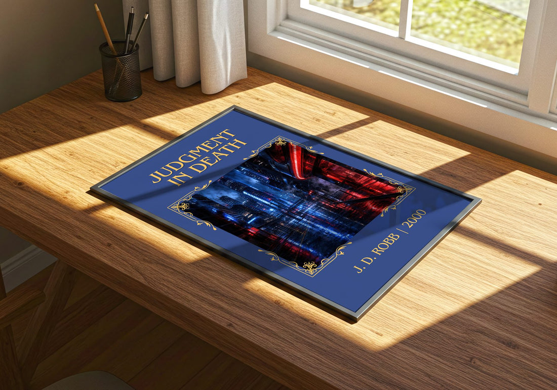 Judgment In Death Classic Book Art Print by J. D. Robb – print on a sunlit desk
