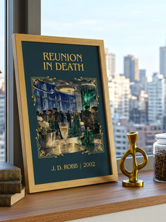 Reunion In Death Classic Book Art Print by J. D. Robb – framed print on a city-view windowsill