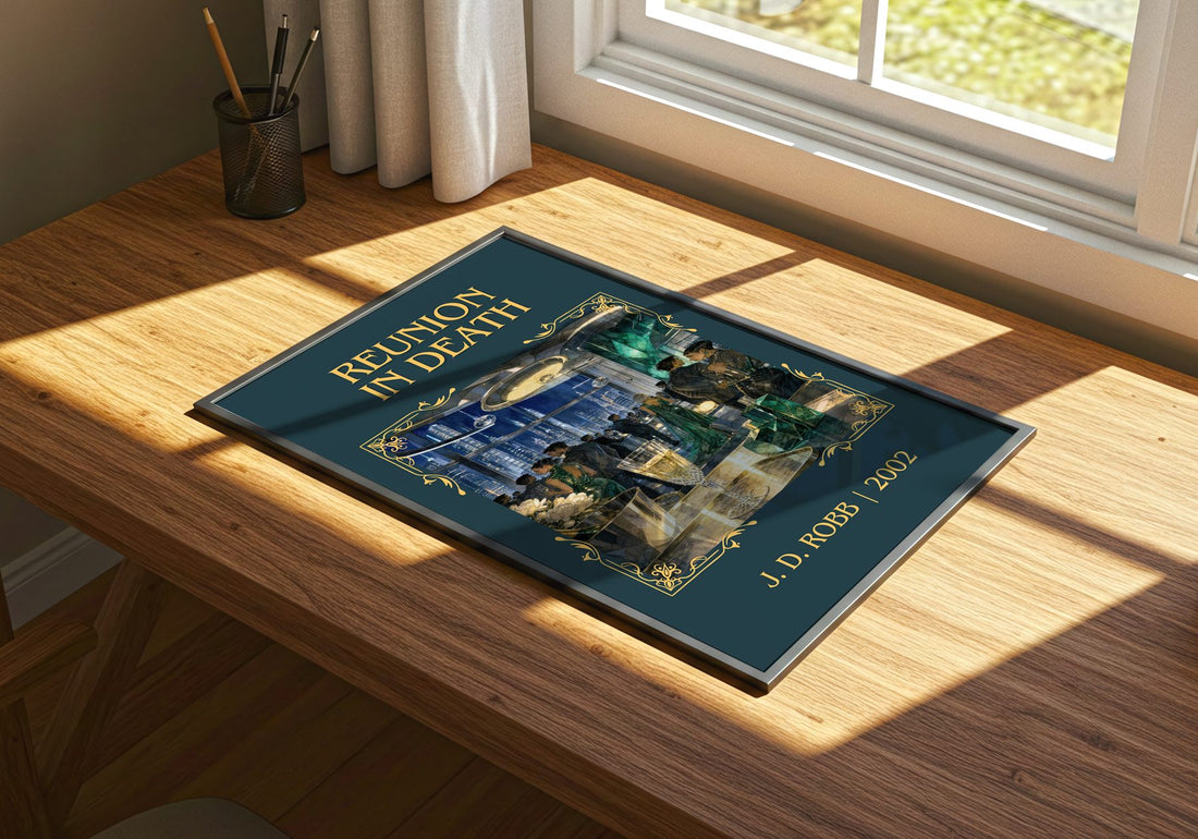 Reunion In Death Classic Book Art Print by J. D. Robb – print on a sunlit desk