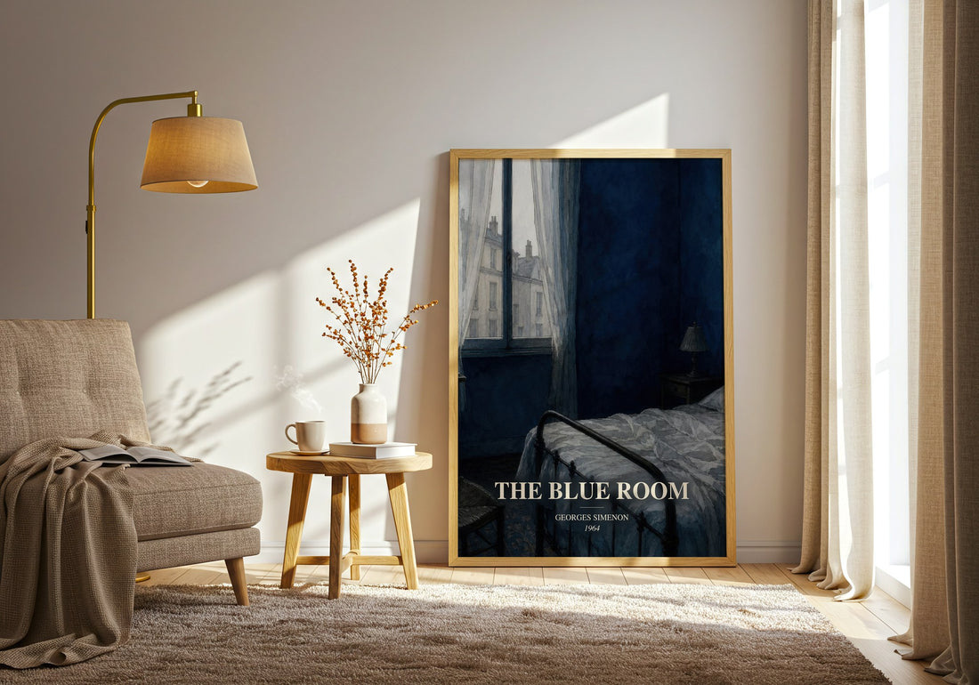 The Blue Room watercolour print in frame leaning in hallway – crime wall art (mockup)