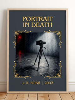Portrait In Death Classic Book Art Print by J. D. Robb – framed print leaning on a wooden floor