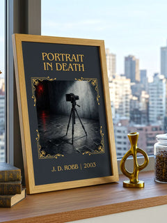 Portrait In Death Classic Book Art Print by J. D. Robb – framed print on a city-view windowsill