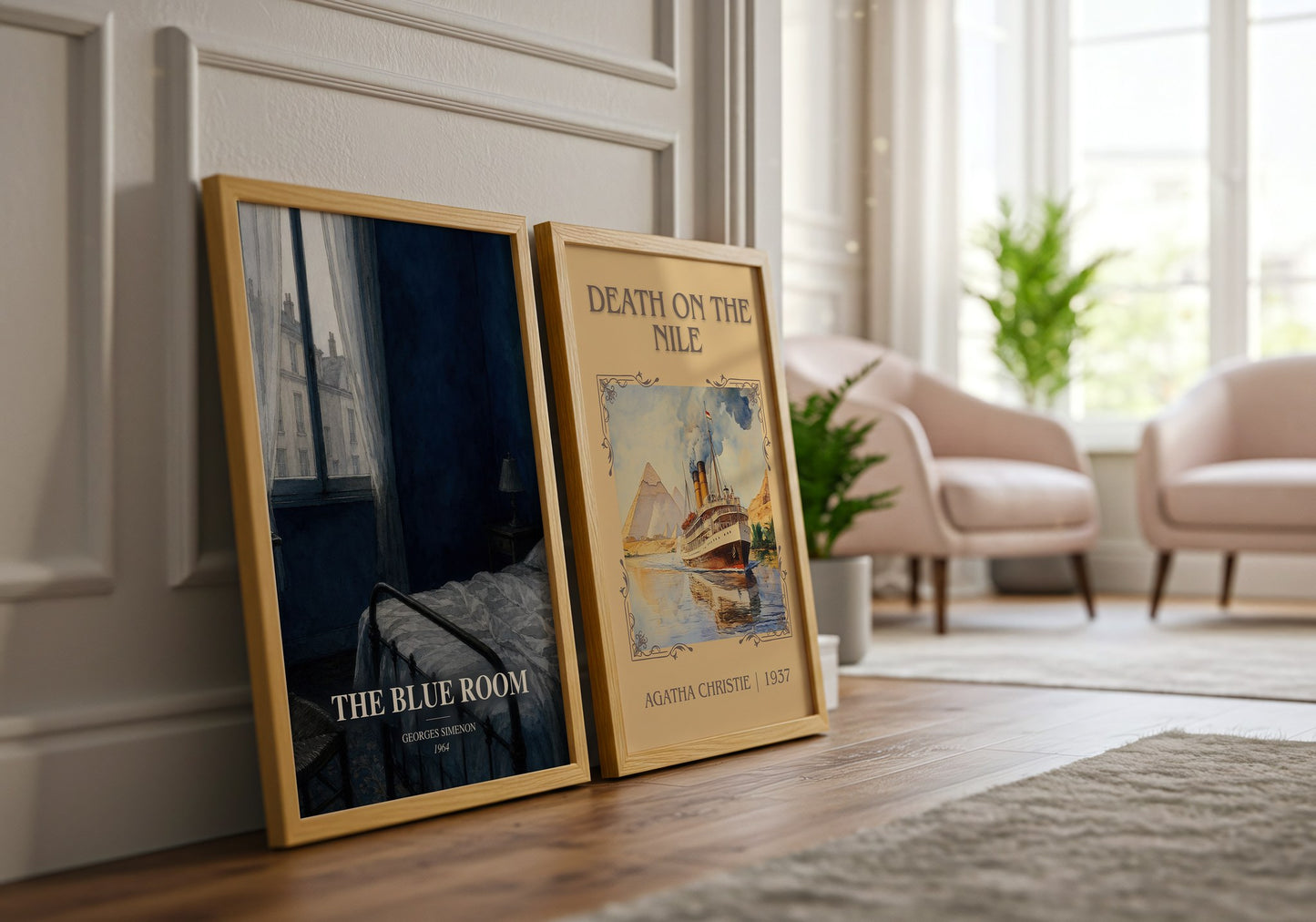 The Blue Room watercolour print framed by window – literary home decor