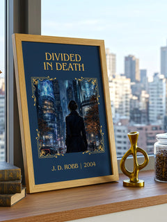 Divided In Death Classic Book Art Print by J. D. Robb – framed print on a city-view windowsill