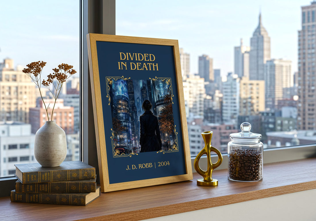 Divided In Death Classic Book Art Print by J. D. Robb – framed print on a city-view windowsill