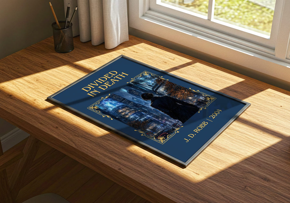 Divided In Death Classic Book Art Print by J. D. Robb – print on a sunlit desk