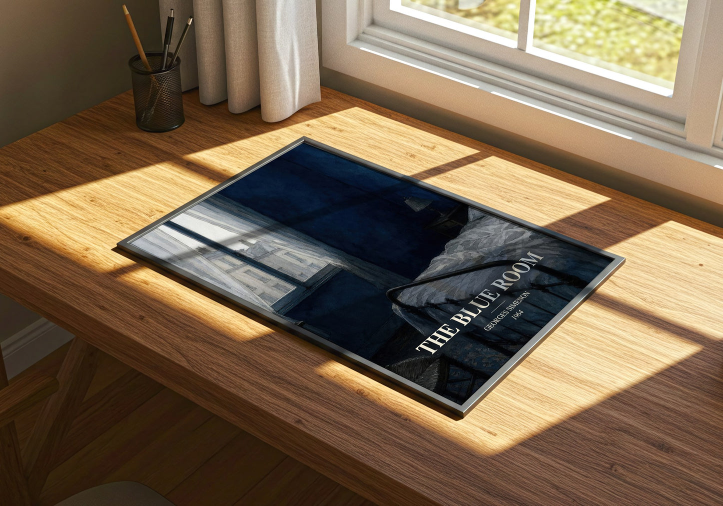 The Blue Room watercolour book poster framed on wall – crime wall art