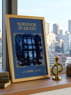 Survivor In Death Classic Book Art Print by J. D. Robb – framed print on a city-view windowsill