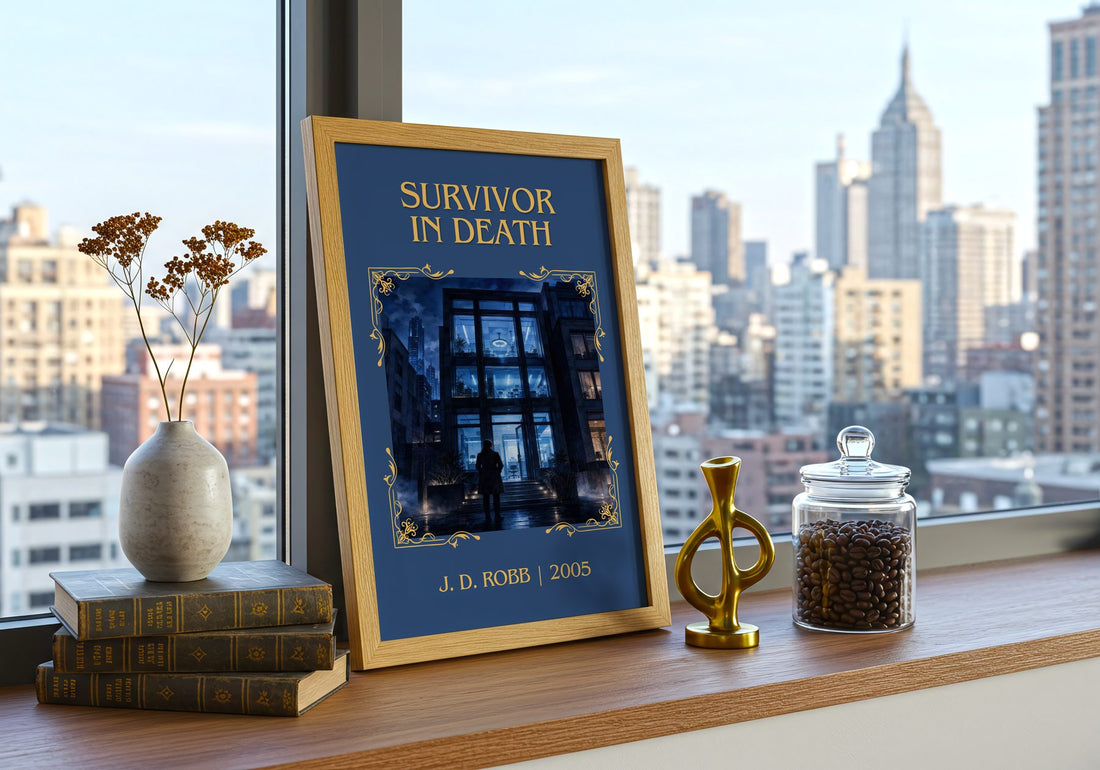 Survivor In Death Classic Book Art Print by J. D. Robb – framed print on a city-view windowsill
