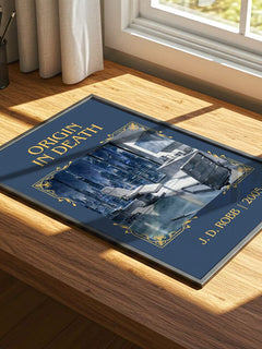 Origin In Death Classic Book Art Print by J. D. Robb – print on a sunlit desk