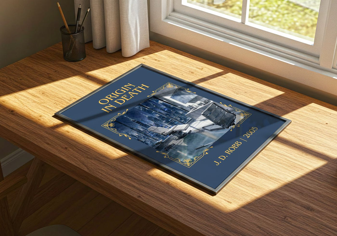 Origin In Death Classic Book Art Print by J. D. Robb – print on a sunlit desk