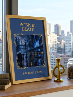 Born In Death Classic Book Art Print by J. D. Robb – framed print on a city-view windowsill