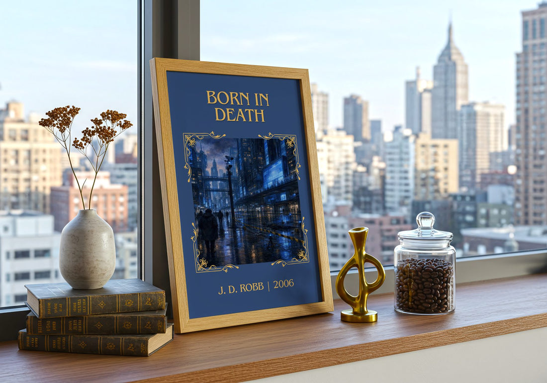 Born In Death Classic Book Art Print by J. D. Robb – framed print on a city-view windowsill