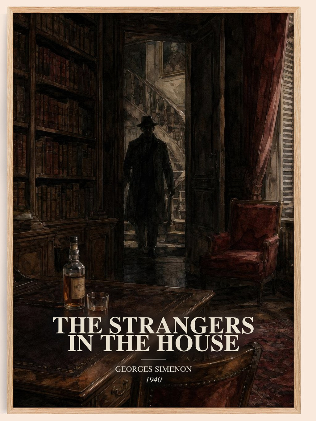 The Strangers In The House watercolour book poster by Georges Simenon – framed literary art print