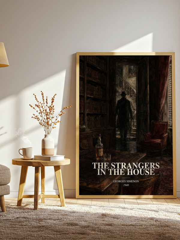 The Strangers In The House watercolour print in frame leaning in hallway – mystery wall art